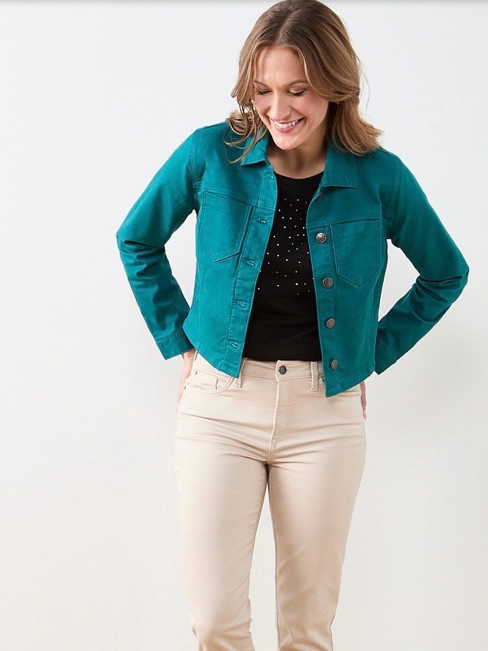 cleo Peacock (Teal) Coloured Cropped Fitted Denim Jacket Size S - Picture 4 of 12